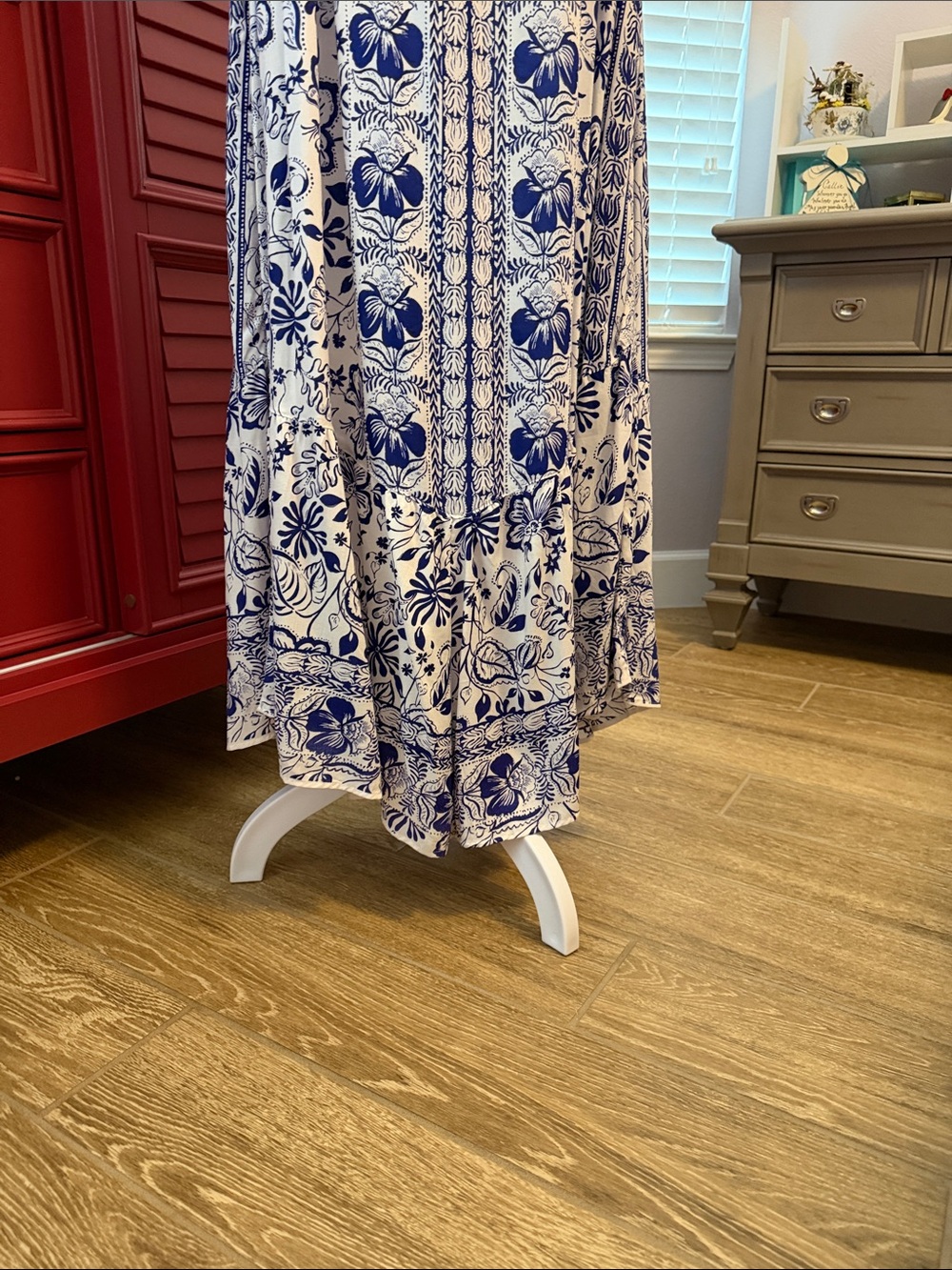 Angie Blue and White Printed Maxi Dress with Spaghetti Straps - Picture 2 of 9